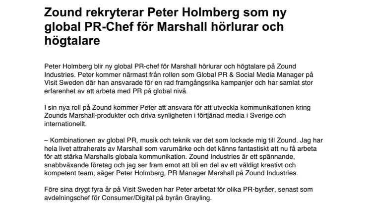 Zound rekryterar Peter Holmberg som ny global PR-Chef för Marshall hörlurar och högtalare