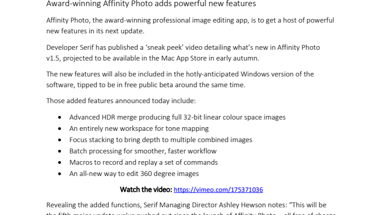 Award-winning Affinity Photo adds powerful new features
