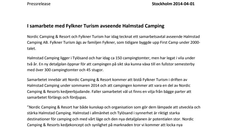 Nordic Camping: I samarbete med Fylkner Turism avseende Halmstad Camping