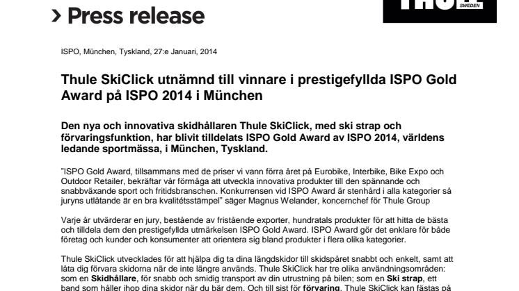 Thule SkiClick utnämnd till vinnare i prestigefyllda ISPO Gold Award på ISPO 2014 i München