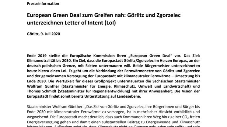 Ausbau der klimaneutralen Fernwärmeversorgung: Görlitz und Zgorzelec unterzeichnen Letter of Intent