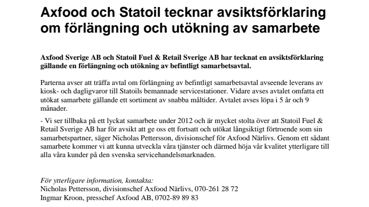 Axfood och Statoil tecknar avsiktsförklaring om förlängning och utökning av samarbete