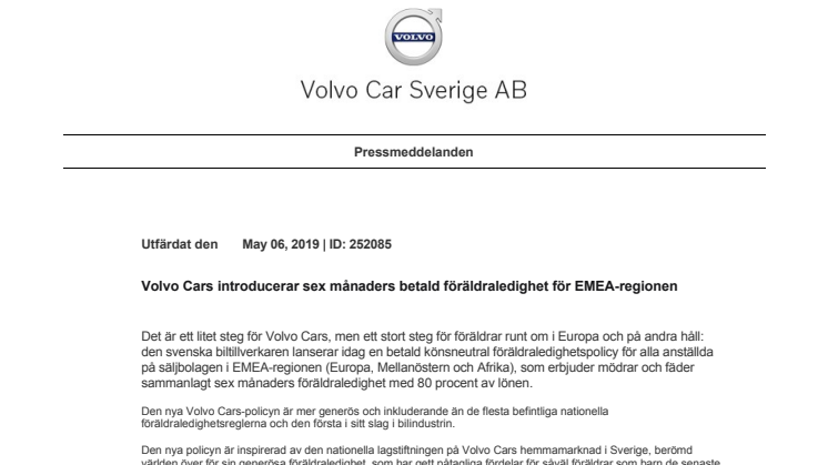 Volvo Cars introducerar sex månaders betald föräldraledighet för EMEA-regionen