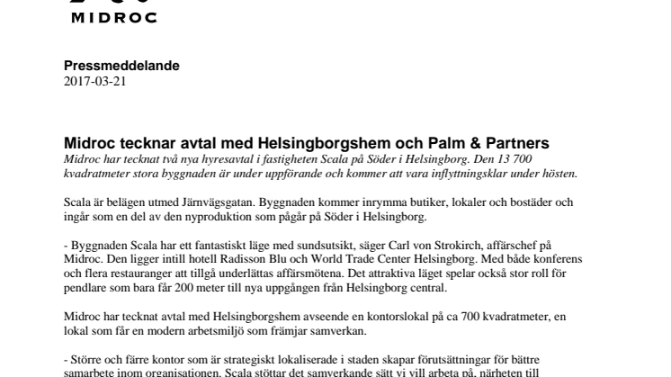 Midroc tecknar avtal med Helsingborgshem och Palm & Partners