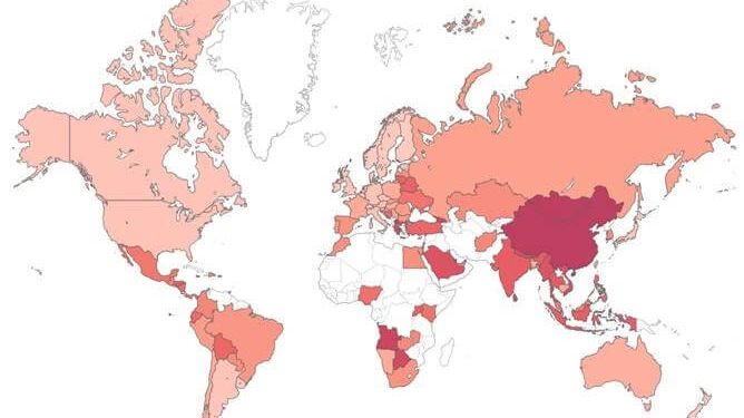 Kartan visar ett globalt riskindex över riskområden för skadlig kod runtom i världen