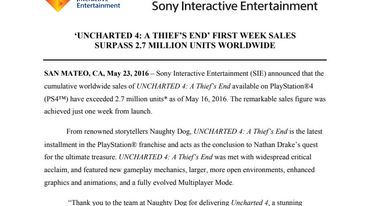 Uncharted 4: A Thief's End - över 2,7 miljoner sålda spel första veckan