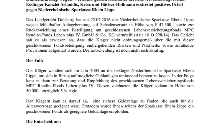Rechtsanwälte Aslanidis, Kress und Häcker-Hollmann erstreiten positives Urteil gegen Sparkasse RheinLippe