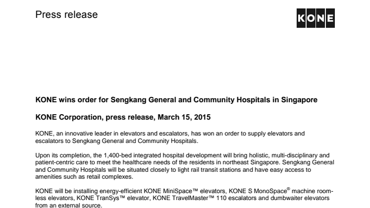 KONE wins order for Sengkang General and Community Hospitals in Singapore