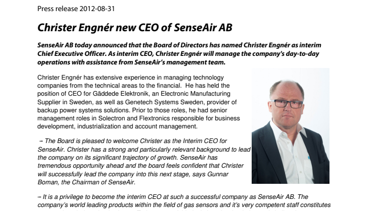 Christer Engnér new CEO of SenseAir AB