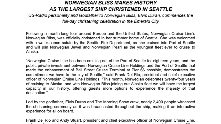 Norwegian Bliss makes history as the largest ship christened in Seattle