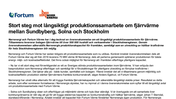 Stort steg mot långsiktigt produktionssamarbete om fjärrvärme mellan Sundbyberg, Solna och Stockholm