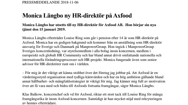 Monica Längbo ny HR-direktör på Axfood