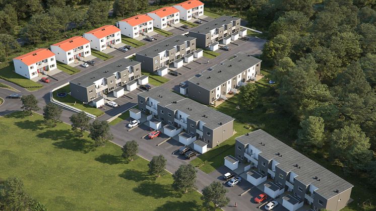 Översiktsillustration av det nya kvarteret med både parhus och radhus, BoKlok Myrvisslaren. 