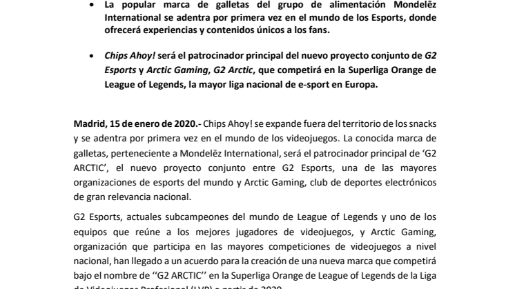 Chips Ahoy! patrocina a G2 ARCTIC, el nuevo equipo de la Superliga Orange de League of Legends de la LVP