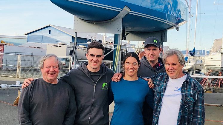 Hi-res image - Ocean Signal - James Betts Enterprises will build Lia Ditton's Antrim-designed ocean rowboat. From left: Jim Betts, Geoff Thilo, Lia Ditton, Will Porter and Jim Antrim