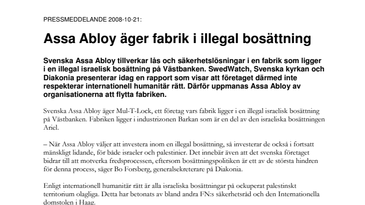 Assa Abloy äger fabrik i illegal bosättning