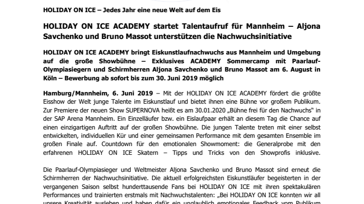 HOLIDAY ON ICE ACADEMY startet Talentaufruf für Mannheim – Aljona Savchenko und Bruno Massot unterstützen die Nachwuchsinitiative