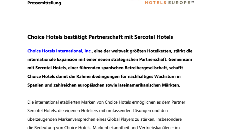 Choice Hotels bestätigt Partnerschaft mit Sercotel Hotels