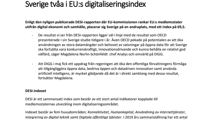 Sverige tvåa i EU:s digitaliseringsindex