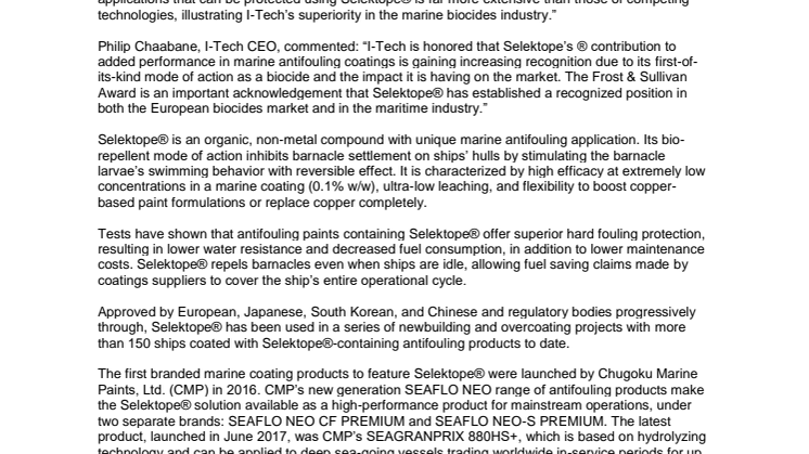I-Tech AB recognized with European Marine Biocides Technology Innovation Award for Selektope® antifouling ingredient