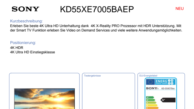 Datenblatt KD55XE7005BAEP von Sony