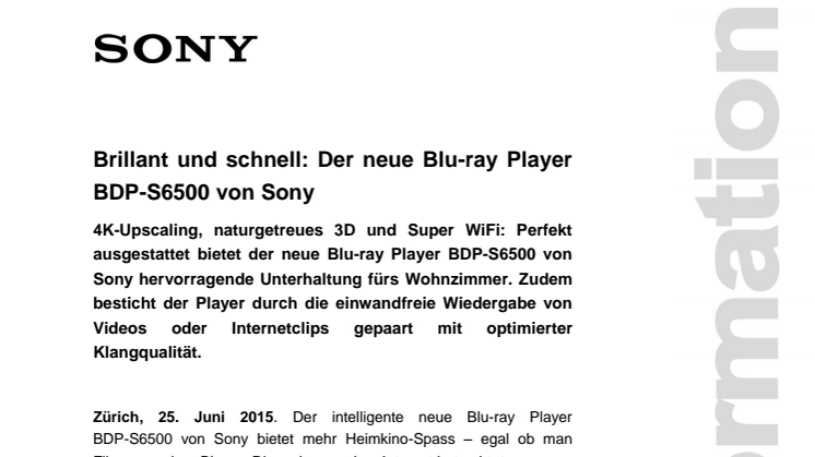 Brillant und schnell: Der neue Blu-ray Player BDP-S6500 von Sony