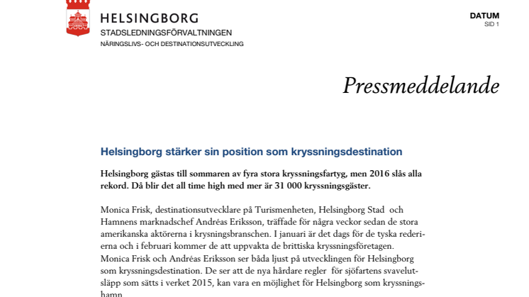 ​Helsingborg stärker sin position som kryssningsdestination