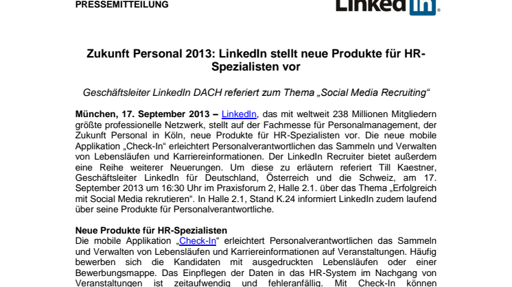 Zukunft Personal 2013: LinkedIn stellt neue Produkte für HR-Spezialisten vor
