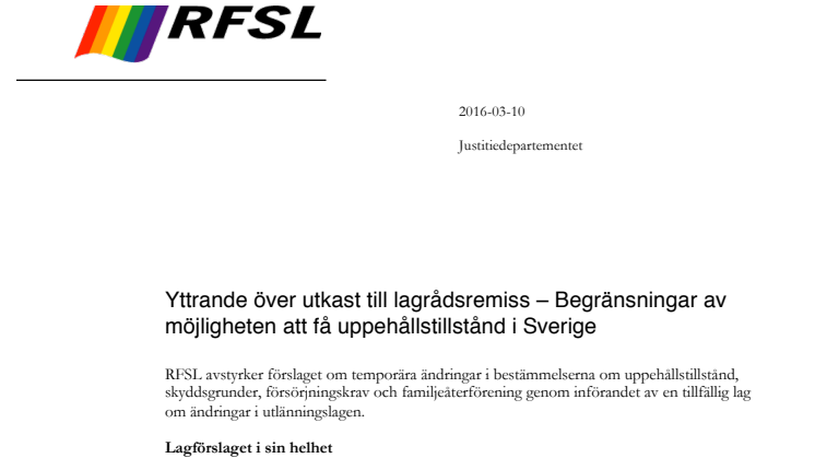 RFSL starkt kritiskt till regeringens förslag om ändringar i utlänningslagen