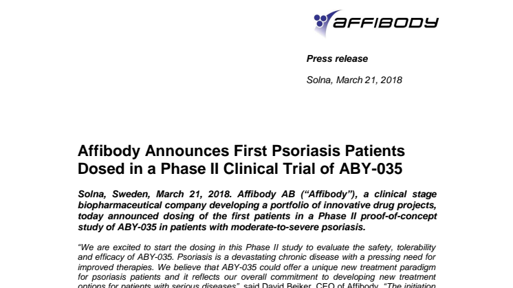 Affibody Announces First Psoriasis Patients Dosed in a Phase II Clinical Trial of ABY-035 