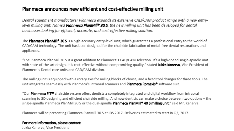 Planmeca announces new efficient and cost-effective milling unit