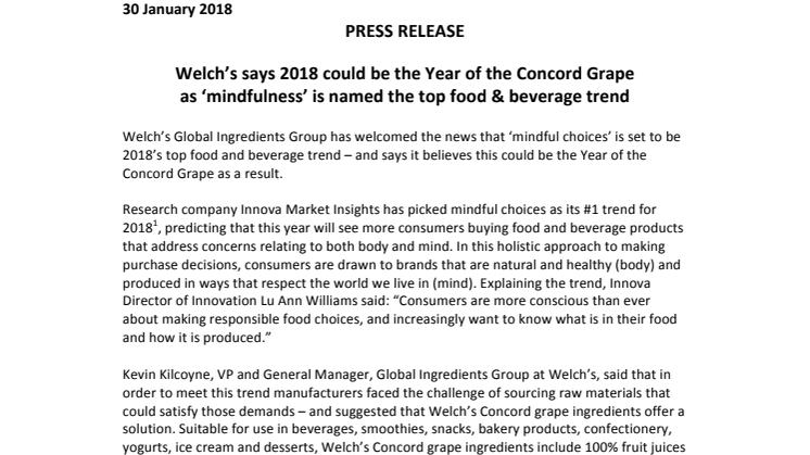 Press Release – Welch’s says 2018 could be the Year of the Concord Grape  as ‘mindfulness’ is named the top food & beverage trend 