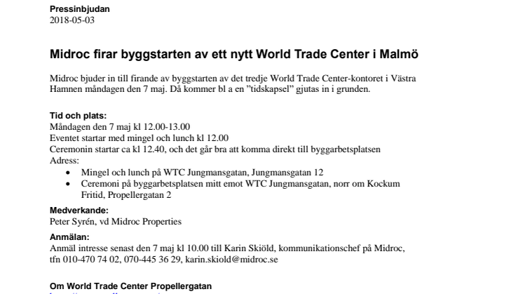 Midroc firar byggstarten av ett nytt World Trade Center i Malmö