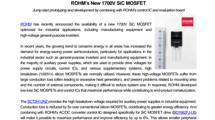 ROHM’s New 1700V SiC MOSFET --- Jump-start prototyping and development by combining with ROHM’s control IC and evaluation board