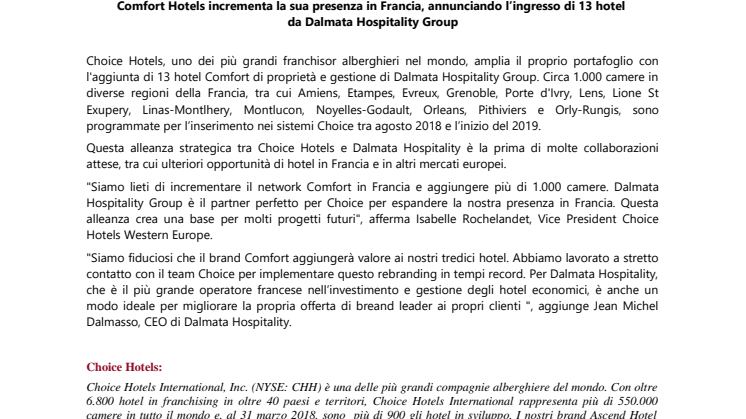 Comfort Hotels incrementa la sua presenza in Francia, annunciando l’ingresso di 13 hotel da Dalmata Hospitality Group