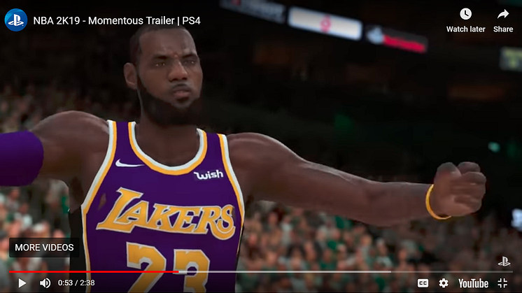 A screen grab of a trailer for the basketball game NBA2K19, featuring Lebron James