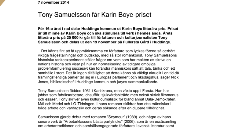Tony Samuelsson får Karin Boye-priset