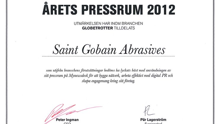 Saint-Gobain Abrasives vinnare av Årets Pressrum 2012 - Diplom