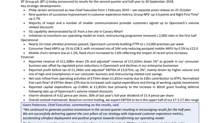 Results for the half year to 30 September 2018