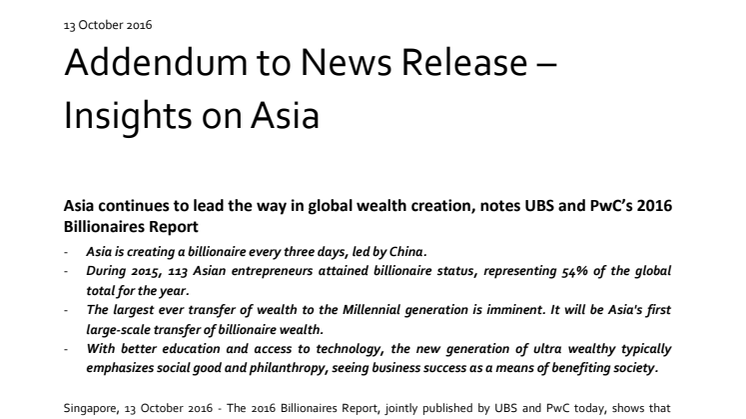 UBS-PwC Billionaires report, Addendum to News Release – Insights on Asia