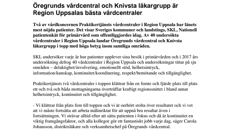 Öregrunds vårdcentral och Knivsta läkargrupp är Region Uppsalas bästa vårdcentraler