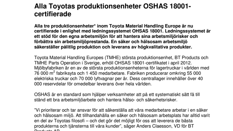 Alla Toyotas produktionsenheter OSHAS 18001-certifierade  