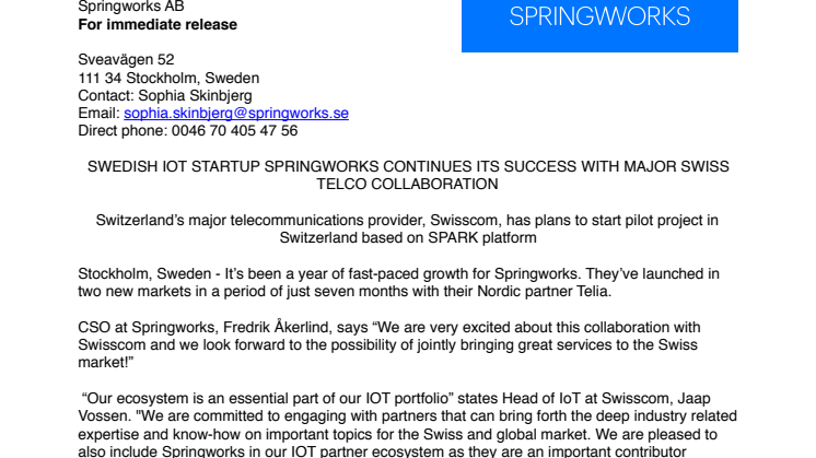 SWEDISH IOT STARTUP SPRINGWORKS CONTINUES ITS SUCCESS WITH MAJOR SWISS TELCO COLLABORATION