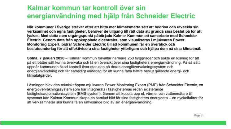 Kalmar kommun tar kontroll över sin energianvändning med hjälp från Schneider Electric 