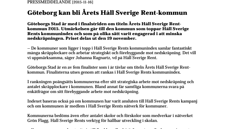 Göteborg kan bli Årets Håll Sverige Rent-kommun