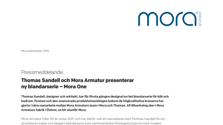 Thomas Sandell och Mora Armatur presenterar ny blandarserie – Mora One