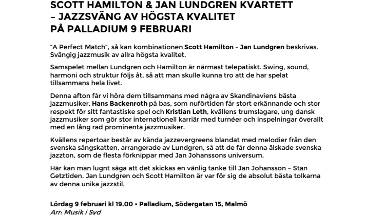Scott Hamilton & Jan Lundgren Kvartett – jazzsväng av högsta kvalitet på Palladium Malmö 9 februari
