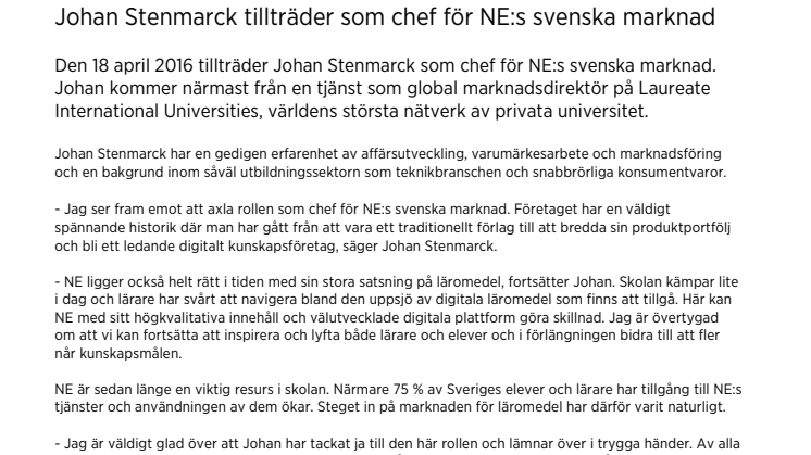 Johan Stenmarck tillträder som chef för NE:s svenska marknad