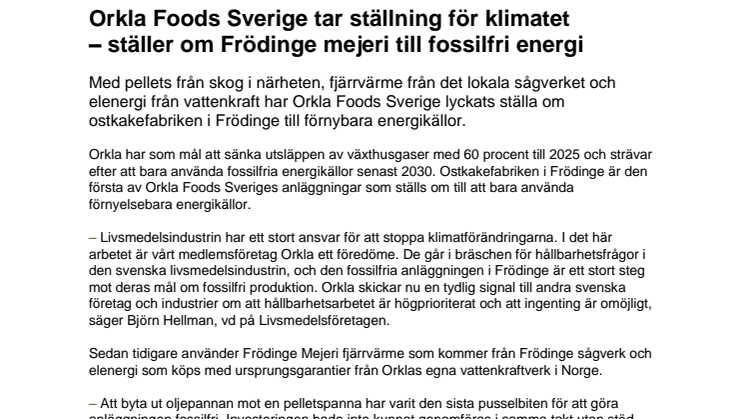 Orkla Foods Sverige tar ställning för klimatet – ställer om Frödinge mejeri till fossilfri energi