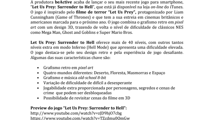 Ator de Game of Thrones inspira novo jogo da beActive “Let Us Prey: Surrender to Hell” chega hoje à Itunes App Store